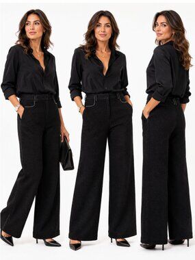 Maje Black Tweed wide leg with Embellished Belt Loops